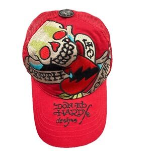 Don Ed Hardy Designs Hat Vintage Y2K Tattoo Red Mesh Embroider Skull Dragon H168